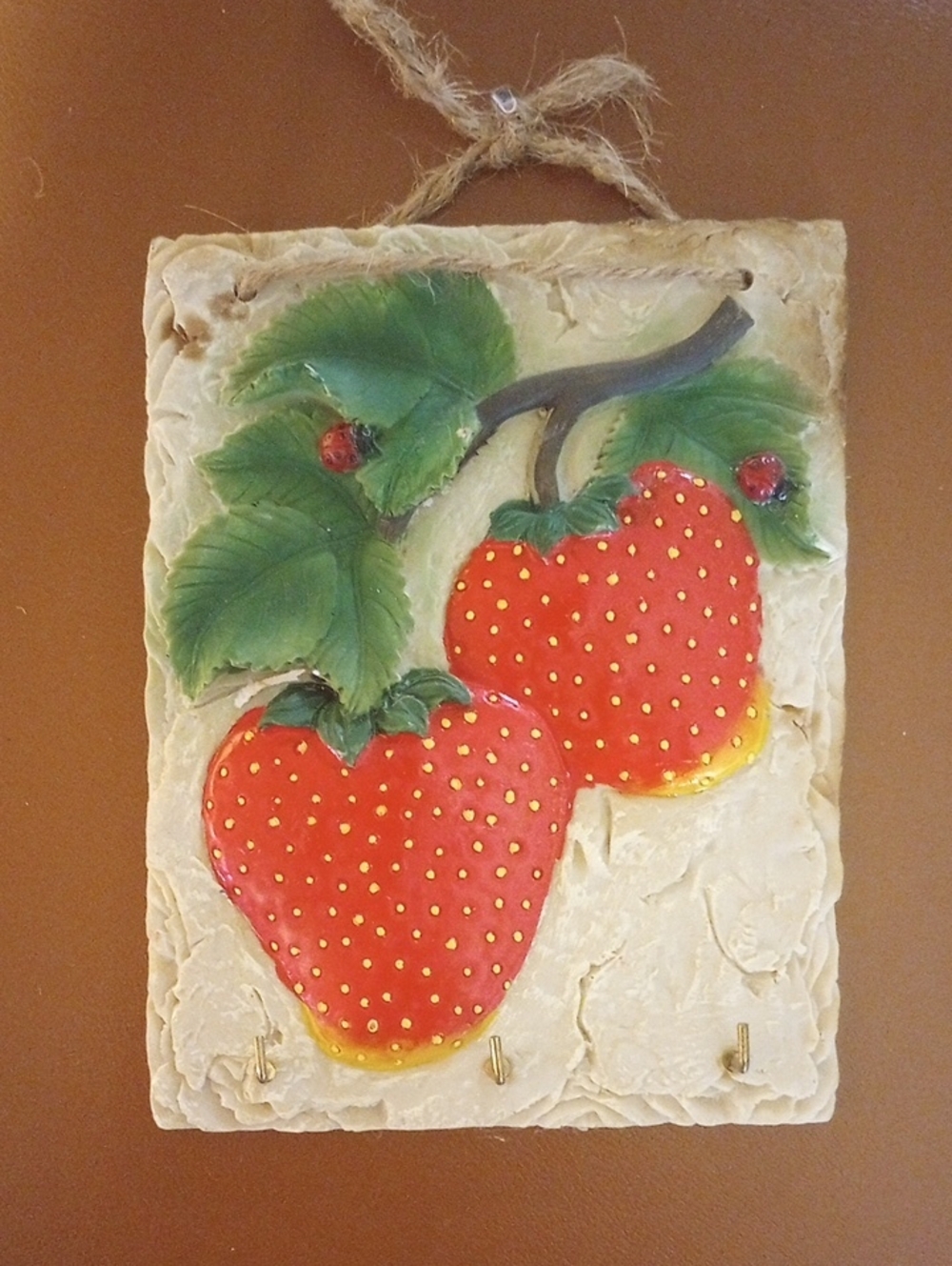Ceramic Key Hook Decor w/ 3D Strawberries & Ladybugs. Red Green Cream Black